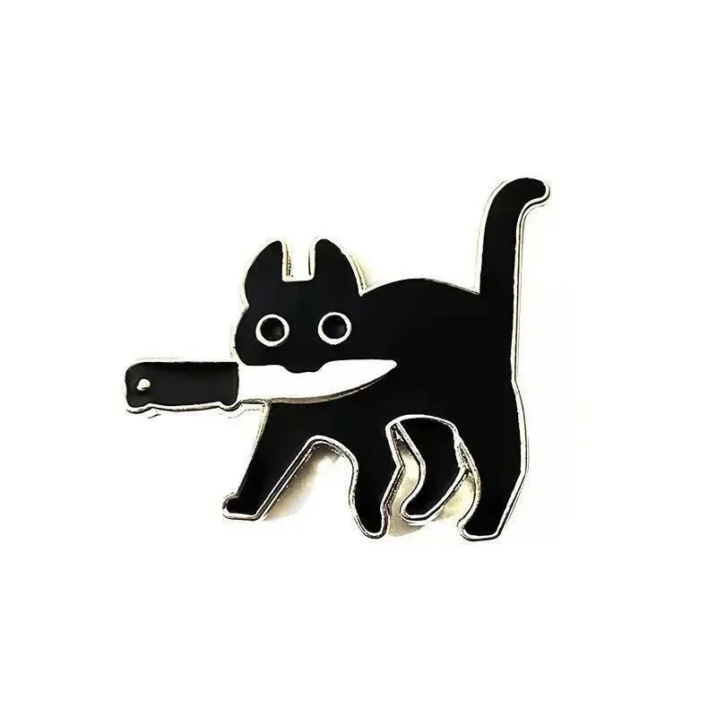 Cartoon Cat with Knife Enamel Pin – Funny Black Kitty Brooch Lapel Badge for Jacket Bag Jewelry Gift