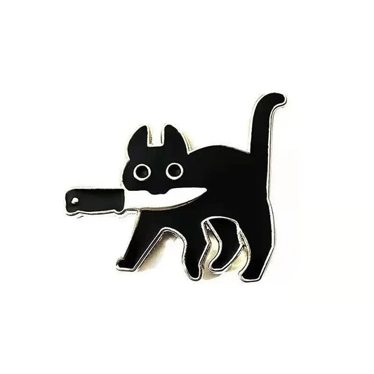 Cartoon Cat with Knife Enamel Pin – Funny Black Kitty Brooch Lapel Badge for Jacket Bag Jewelry Gift
