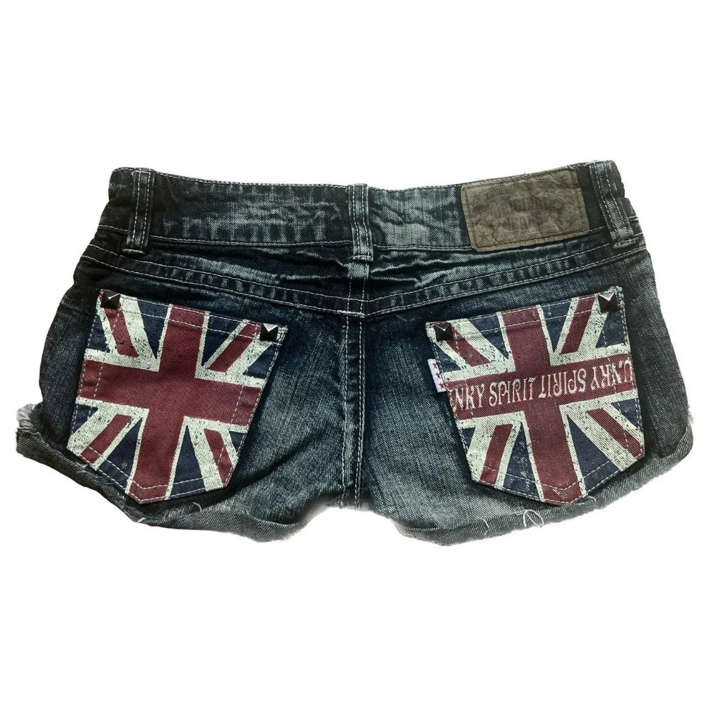 Y2K Retro British Flag Graphic Print Mini Shorts — Harajuku Gyaru Goth Slim Fit Low Rise Denim Shorts for Women