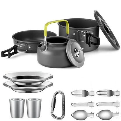 Camping Cookware Set — Non-Stick Cooking Pots, Teapot & Travel Tableware for 2-3 People, Outdoor Picnic Set
