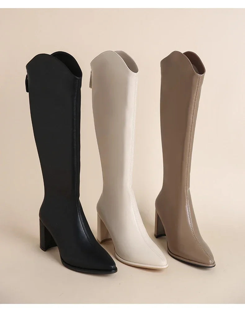 Plus Size 34-43 Women's Knee-High Boots – Zipper Thick High Heels for Autumn & Winter