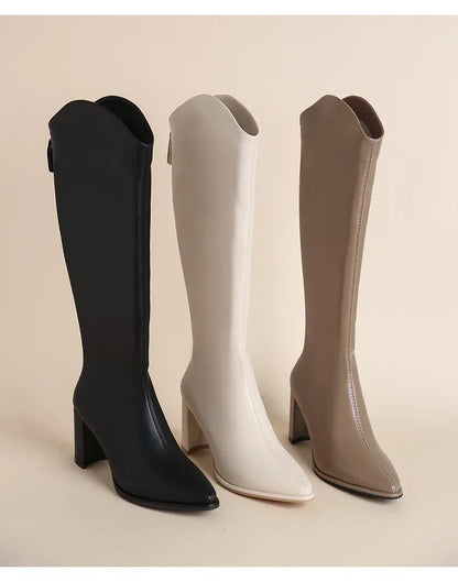 Plus Size 34-43 Women's Knee-High Boots – Zipper Thick High Heels for Autumn & Winter
