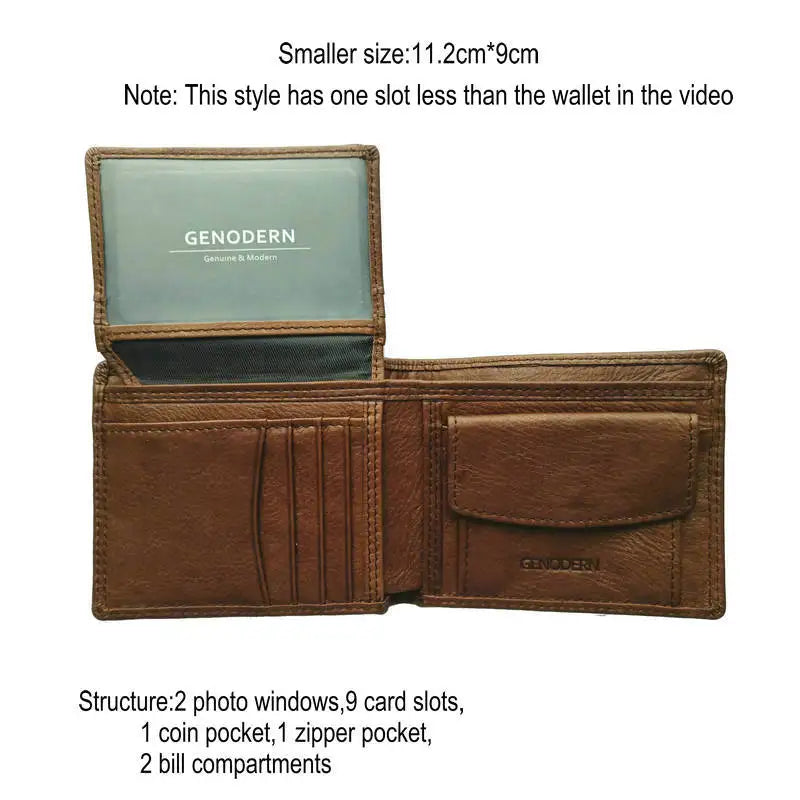GENODERN Genuine Cow Leather Men’s Wallet with Coin Pocket – Vintage RFID Blocking Slim Male Purse Card Holder Leather Wallet