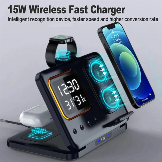 5-in-1 Foldable Wireless Charger Station - LED Digital Alarm Clock Fast Charging Dock for iPhone 15/14 & iWatch 8