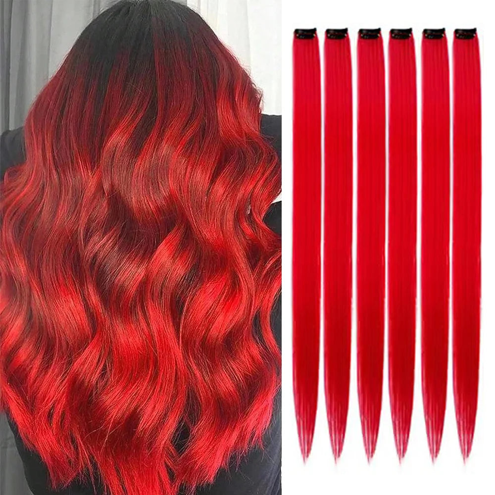 22-Inch Colored Clip-In Hair Extensions – 6pcs Straight Synthetic Party Highlight Hairpieces