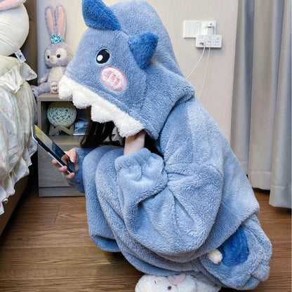 Cartoon Cute Shark Women's Hooded Sleepwear – Unicorn Kigurumi Winter Cosplay Pajama Jumpsuit, Christmas Party Loungewear