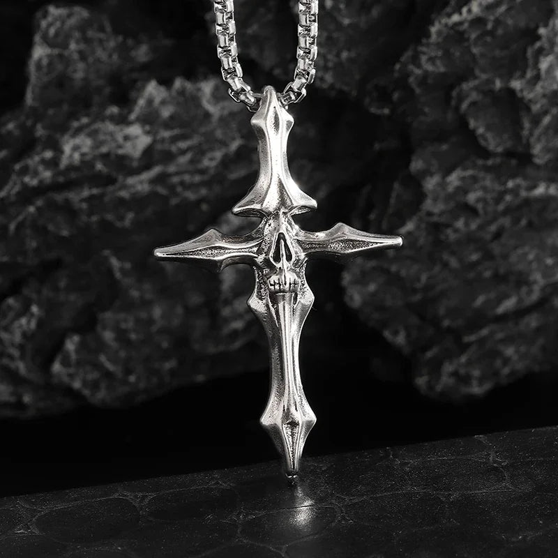 Gothic Skull Jesus Cross Necklace – Punk Catholic Amulet Jewelry for Men, Religious Pendant