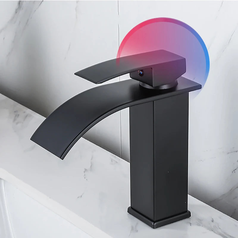 Bathroom Basin Sink Faucet - Deck Mount Waterfall Spout Tap with Single Handle, Hot & Cold Water Mixer for Vanity Washbasin