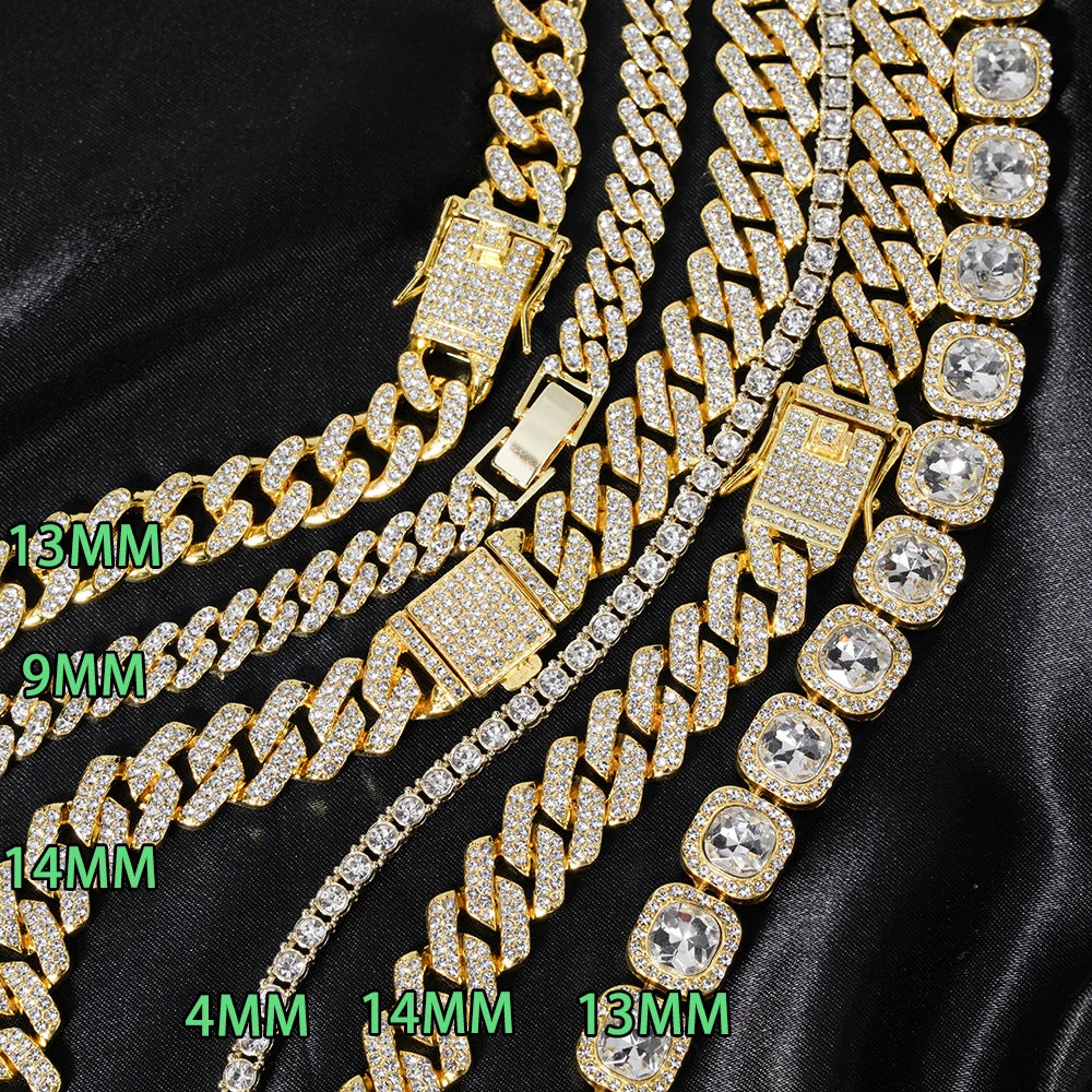 3pcs Men’s Cuban Chain Watch & Jewelry Set – Hip Hop Miami Curb Iced Out Rhinestone Necklace, Suit Watch & Bracelet