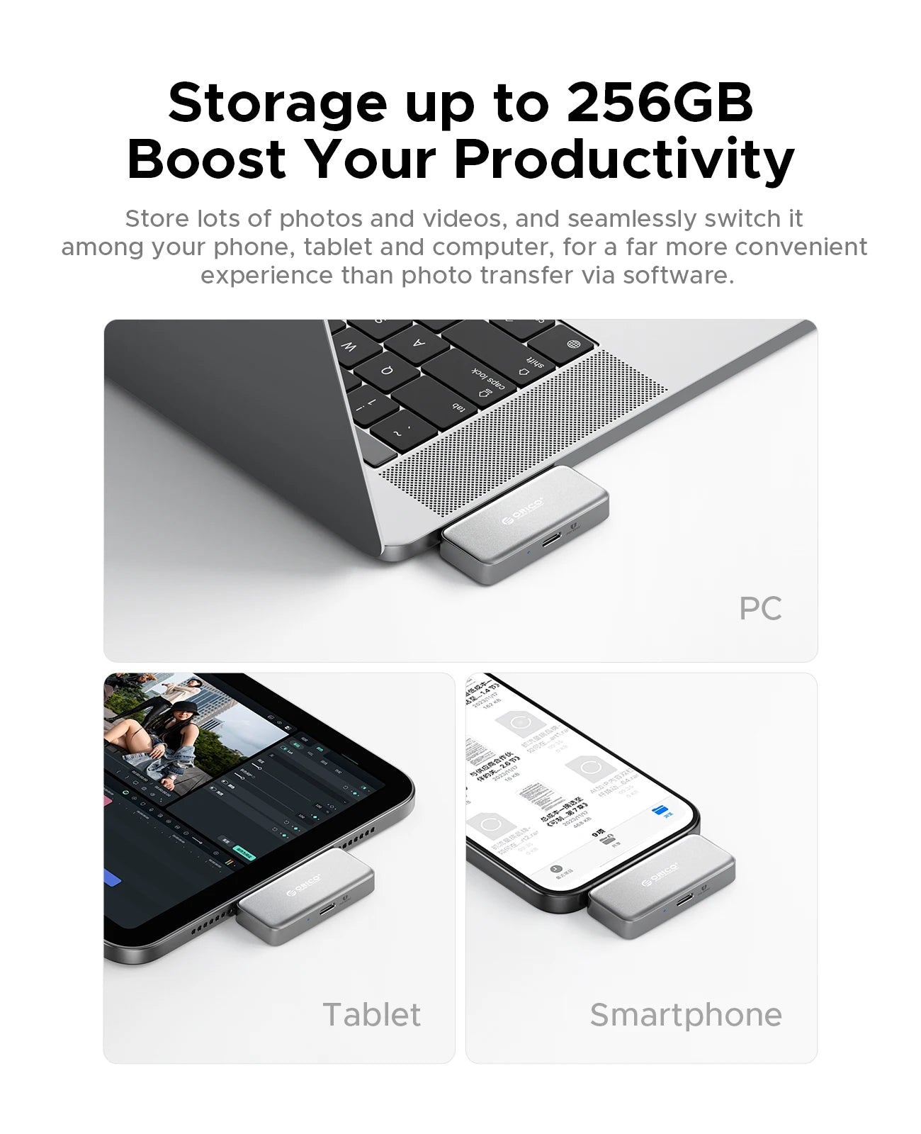 ORICO FlashPod 256GB Mini Portable SSD – ProRes Direct Plug, PD 100W Fast Charging for iPhone 16/15, Mac, PC & Dashcam Storage