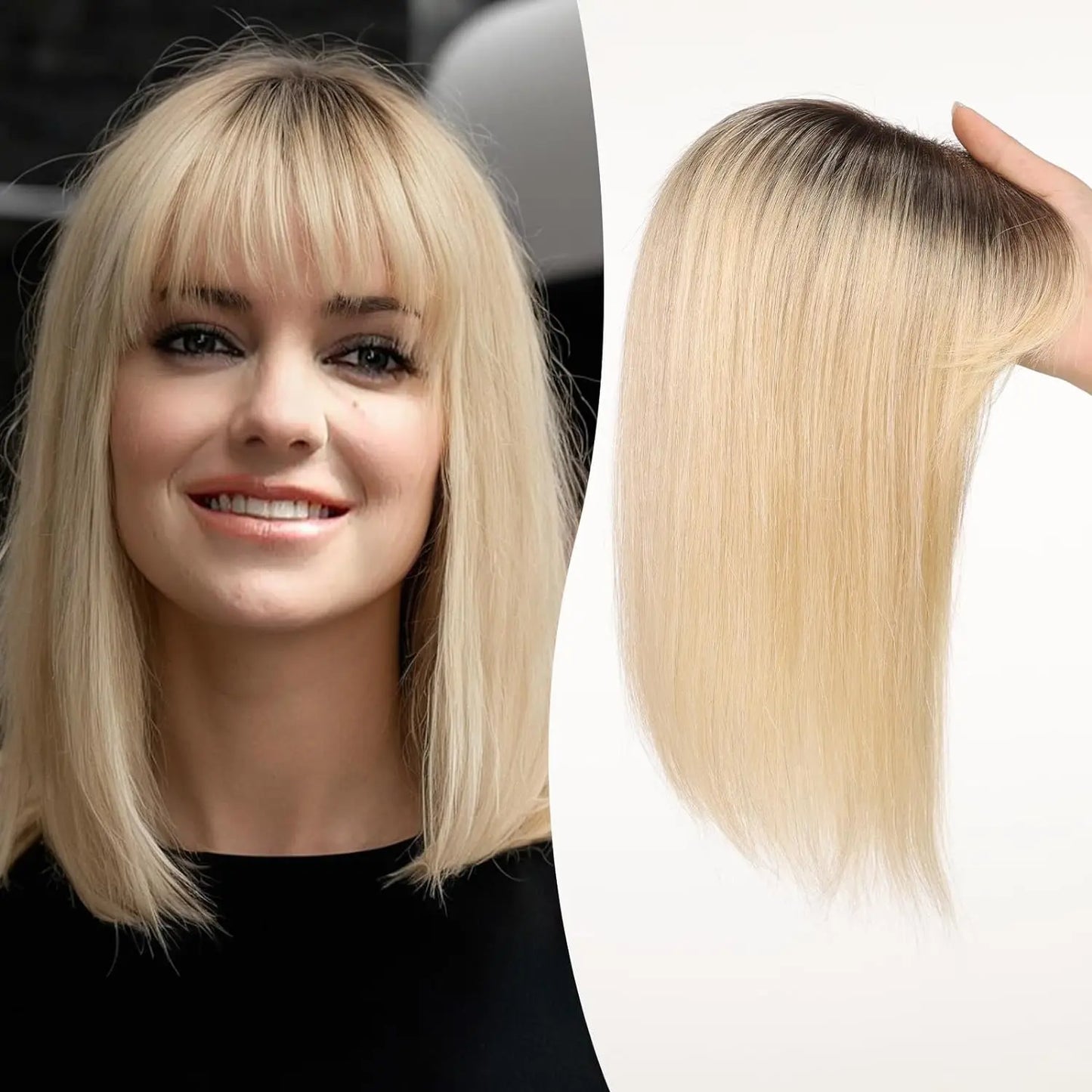 12 Inch Real Human Hair Topper with Bangs – Ombre Light Brown Silk Lace Base, 3-Clip Hair Extension for Women