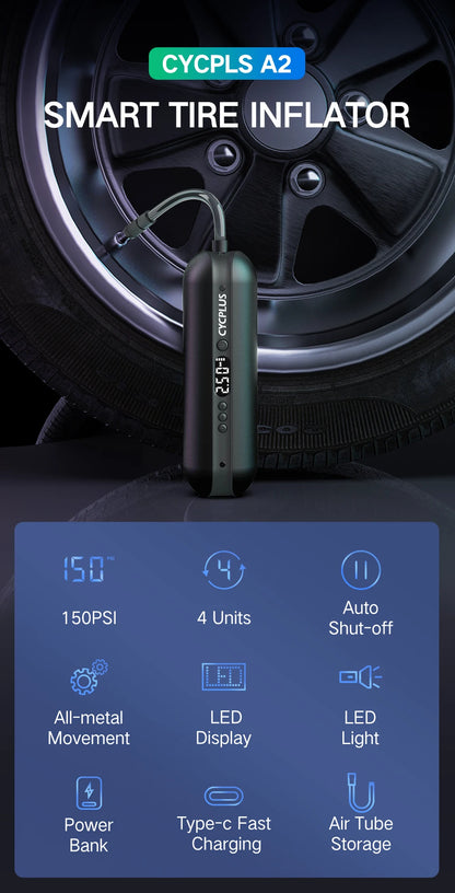 CYCPLUS A2 Wireless Air Compressor – Portable Smart Bicycle & Car Tire Pump, 150psi High Pressure for MTB, Bike, Ball