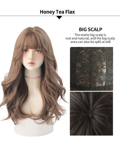 7JHH Brown Ash Long Deep Wave Lolita Wig for Women — Synthetic Hair with Bangs, Thick Curly Fashion Wig
