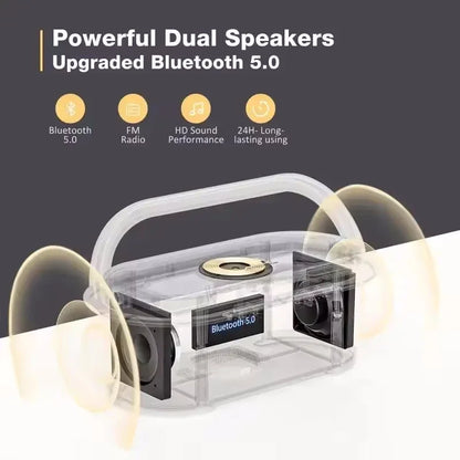 Portable Bluetooth Speaker with Wireless Charging — FM Radio, Alarm Clock, Music Sound Box, Night Light & Charger Lamp