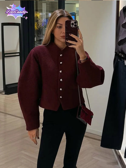 2025 Women's Burgundy Red O-Neck Woolen Coat – Casual Single-Breasted, Long Sleeve Short Jacket for Spring