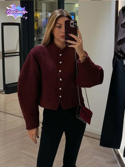 2025 Women's Burgundy Red O-Neck Woolen Coat – Casual Single-Breasted, Long Sleeve Short Jacket for Spring