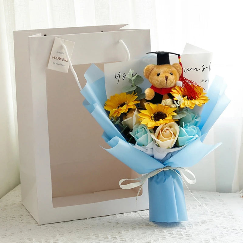 DIY Simulated Flower Bouquet – Crochet Sunflower Finished Product, Graduation, Doctoral, Valentine’s Day & Birthday Gift with Bear