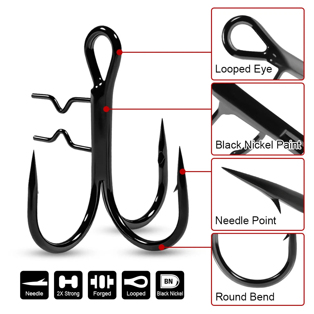 Rosewood Treble Fishing Hook with Holder - Extra Sharp Barbed Triple Hooks for Soft Swimbaits & Rubber Baits