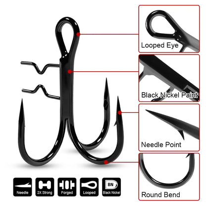 Rosewood Treble Fishing Hook with Holder - Extra Sharp Barbed Triple Hooks for Soft Swimbaits & Rubber Baits