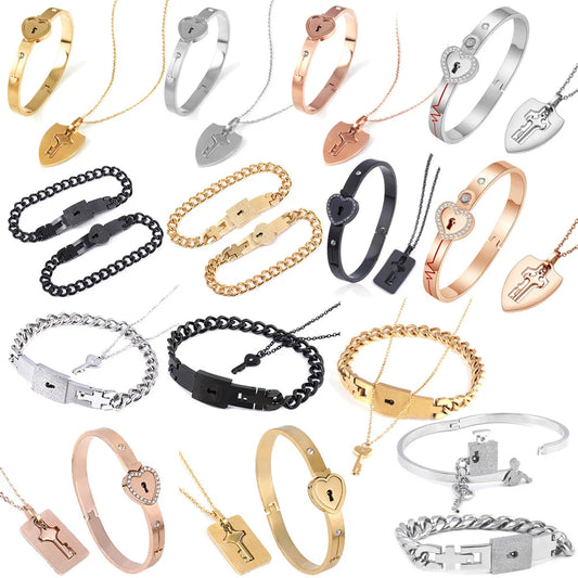 Couple Stainless Steel Love Lock Bracelet with Key Pendant Necklace – Romantic Jewelry Gift for Men and Women