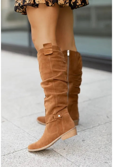Women’s Thigh-High Suede Boots – Low Heel Side-Zip Knee-High Booties, Retro Autumn Winter Size 43