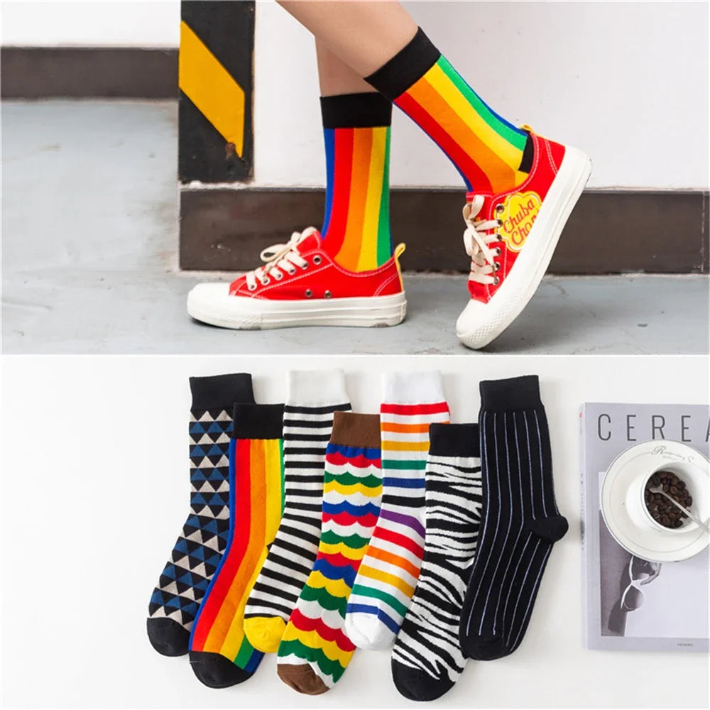 Colorful Striped Art Socks for Men – Rainbow Zebra Pattern Winter Fashion Crew Socks, Unisex Business Casual Combed Cotton Dropshipping Socks