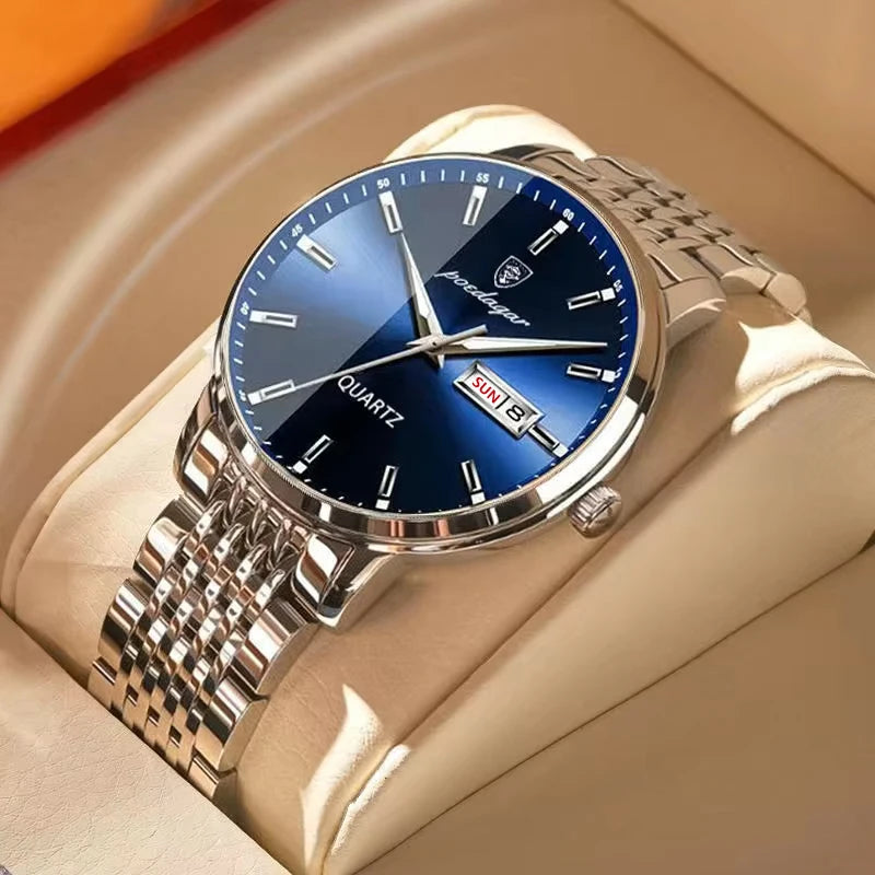 POEDAGAR Luxury Men's Sports Watch — Waterproof Luminous Stainless Steel Quartz Wristwatch with Date