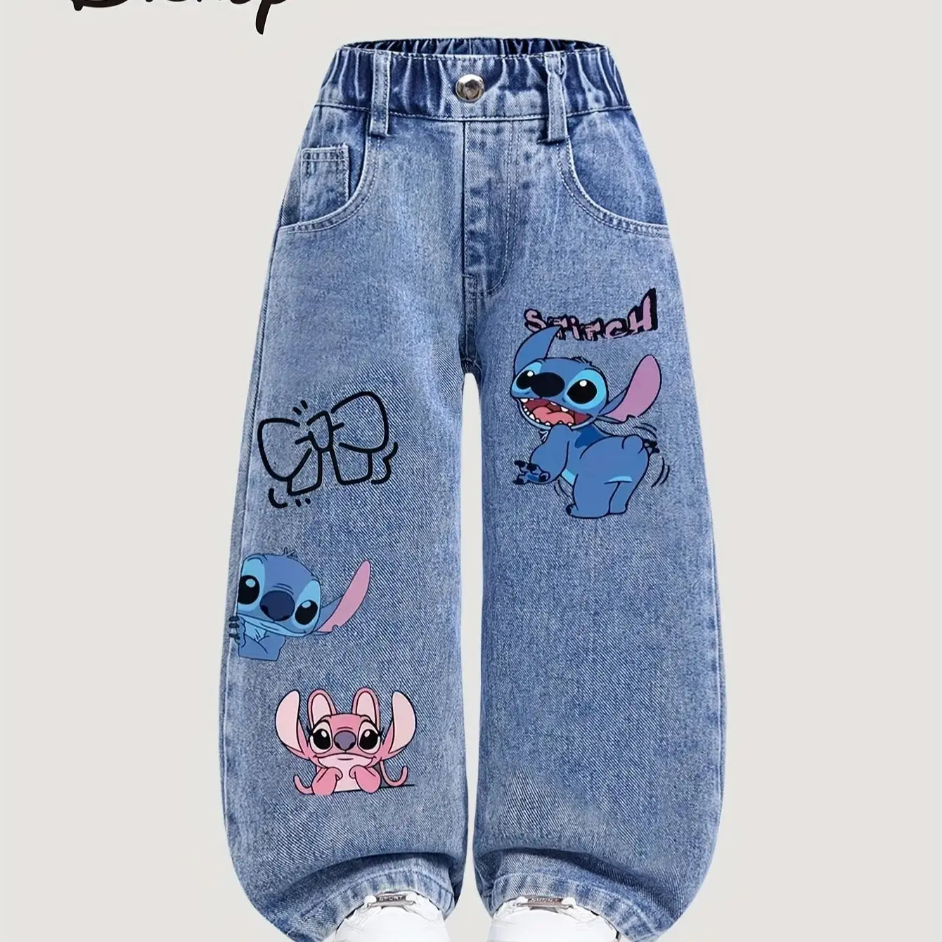 Disney Stitch Pattern Girls’ Jeans – Cute Straight-Leg Loose Casual Pants with Elastic Waist, Fashionable All-Match Style
