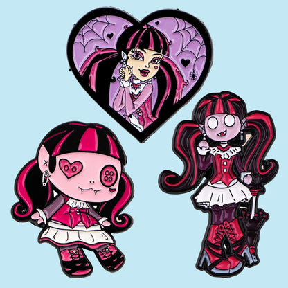 3-Piece Manga Girl Enamel Pin Set - Pink and Purple Metal Brooches for Backpacks, Collars, Lapels, and Collectors’ Gifts
