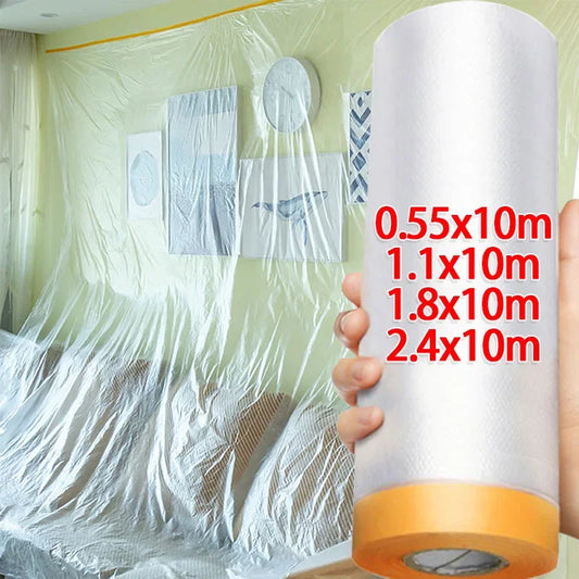 10M Pre-Taped Masking Film Disposable Dust-Proof Plastic Drop Cloth for Painting & Furniture Protection