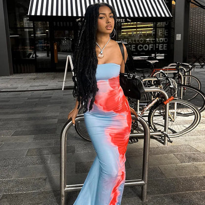 Women’s Elegant Printed Maxi Dress - Sleeveless Backless Strapless Bodycon Summer Beach Holiday Gown