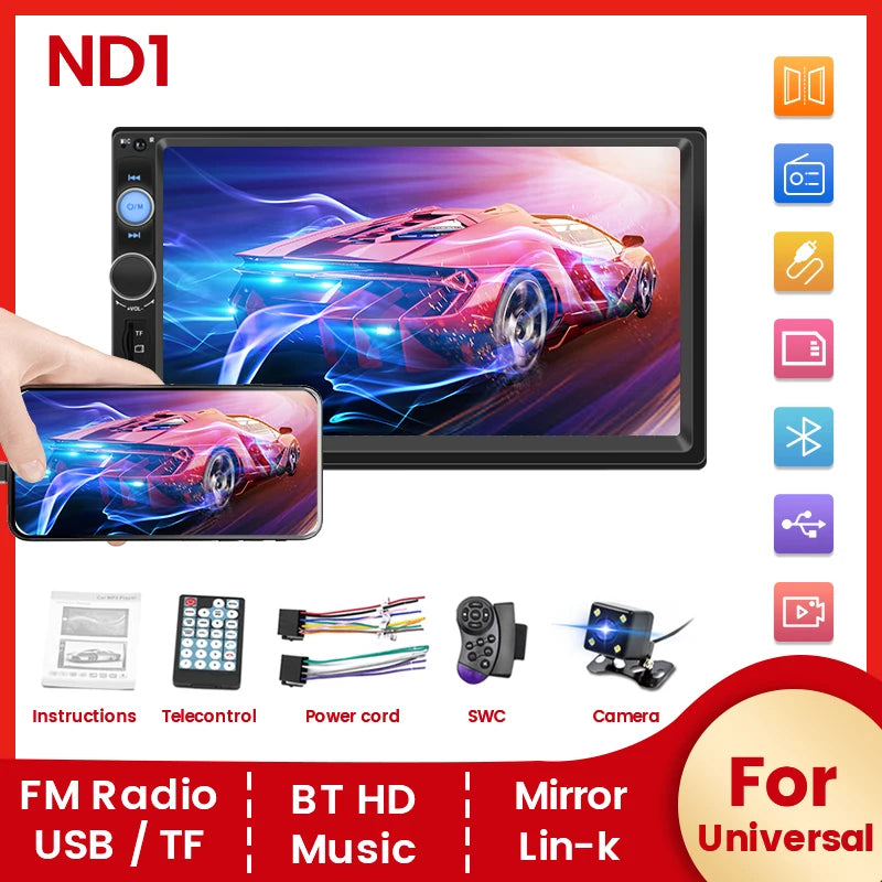 Navifly ND1 2-Din Car Radio — 7" HD Touchscreen Multimedia Player, Universal MP5 Stereo with Bluetooth, TF, FM & Camera Support