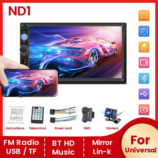 Navifly ND1 2-Din Car Radio — 7" HD Touchscreen Multimedia Player, Universal MP5 Stereo with Bluetooth, TF, FM & Camera Support