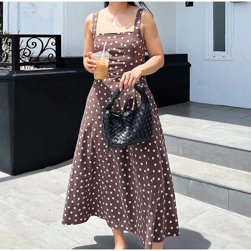 Elegant Women’s Polka Dot Maxi Dress – Chic Sleeveless Round Neck High Waist Slim Fit Vestido for Party & Street, 2025 New