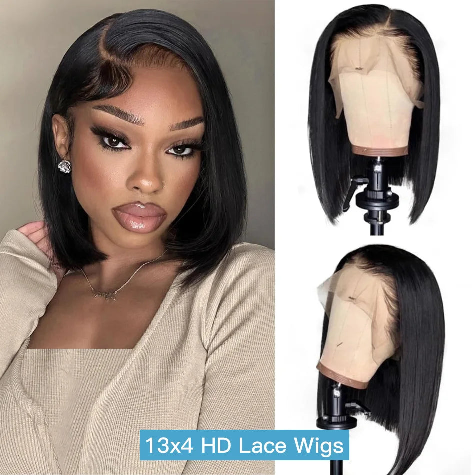 Bob Wigs 13x6 Lace Front Human Hair — 220 Density Short Straight Brazilian Closure HD Transparent Lace Frontal for Women