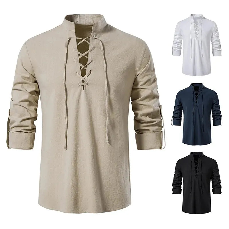 Men’s Cotton Linen Long Sleeve Shirt - Vintage Casual Drawstring Neck Shirt for Spring & Autumn