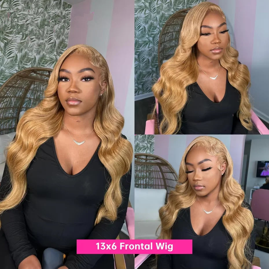 27# Honey Blond Body Wave 13x4 Lace Frontal Human Hair Wigs Brazilian Colored Loose Water Wave 13x6 HD Lace Front Wig For Women