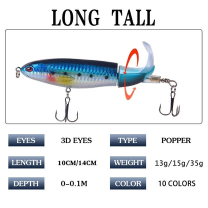 10cm/14cm Topwater Fishing Lure Whopper Popper - Artificial Bait with Hard Plopper and Soft Rotating Tail, Fishing Tackle