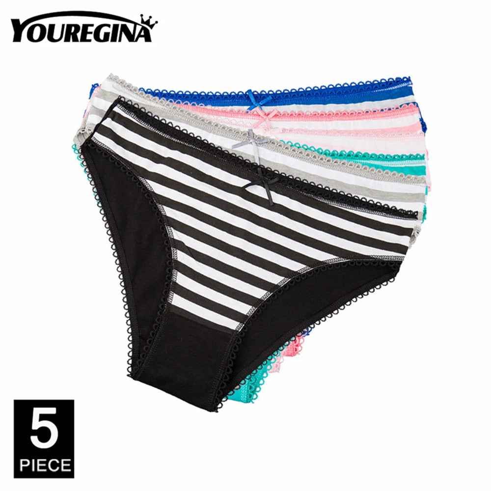 Women’s Cotton Lace Panties Set - 5Pcs Sexy Bikini Briefs with Striped Print Underwear for Ladies & Girls