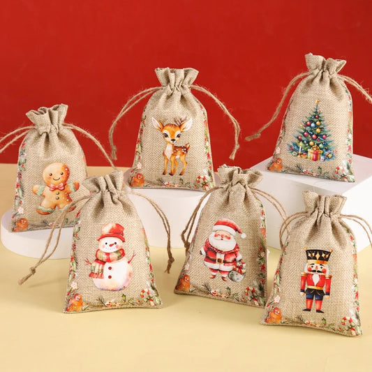 6PCS Watercolor Christmas Linen Candy Bags – Burlap Drawstring Gift & Storage Bags for 2025 Xmas Decorations