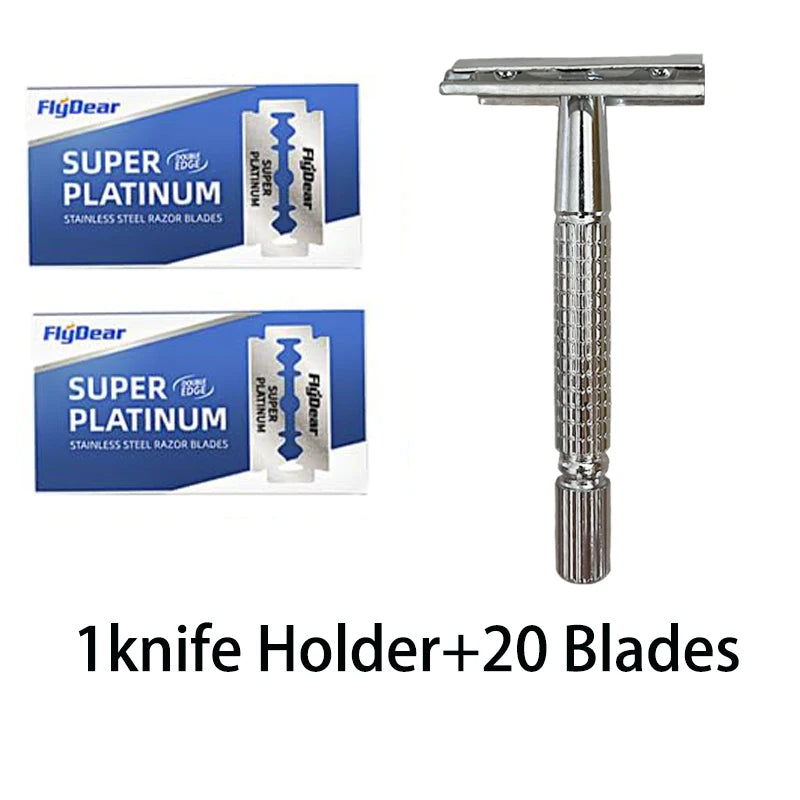 Double Edge Beard Shaver Set – Men's Classic Stainless Steel Razor with Trimmer Blades and Storage Box