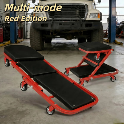 3-in-1 Rolling Auto Repair Creeper Seat - Foldable Adjustable Garage Tool Tray, 300 lb Capacity