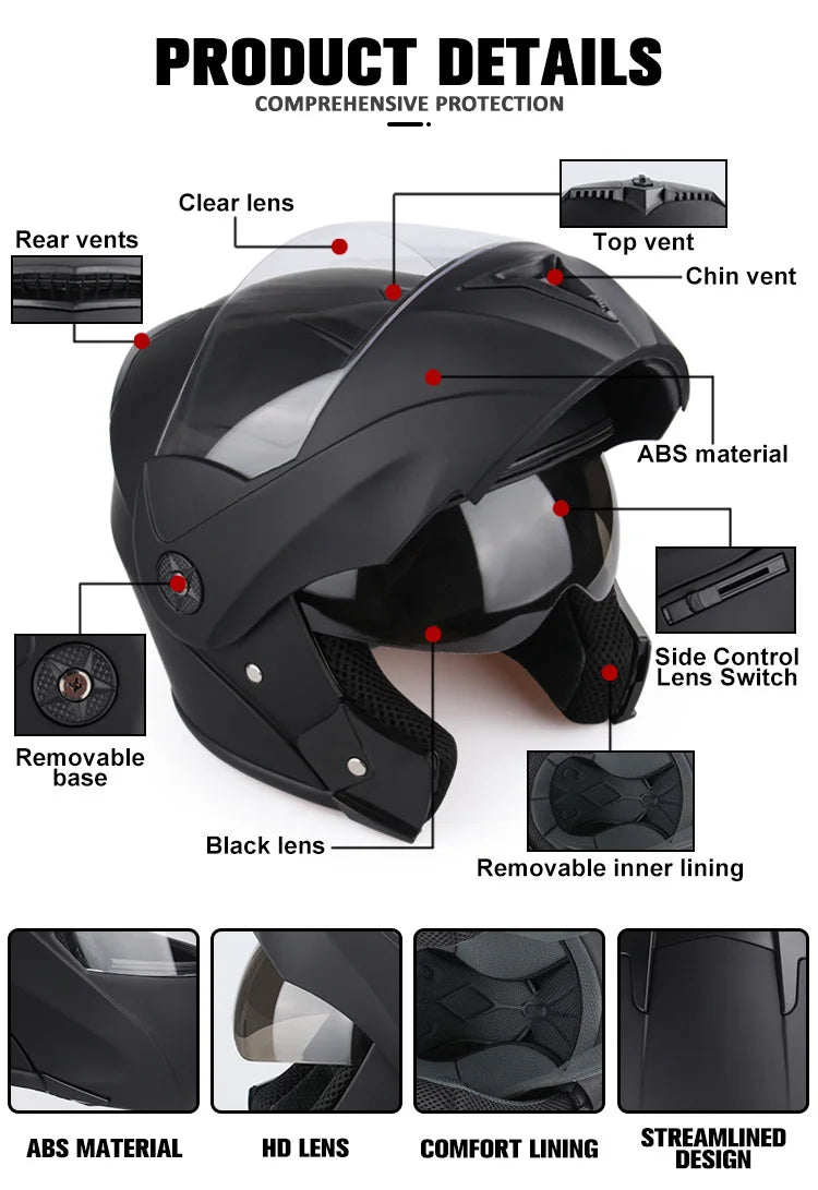 2024 Unisex Modular Motorcycle Helmet – Full Face Flip-Up Dual Lens Racing Helmet for Men & Women