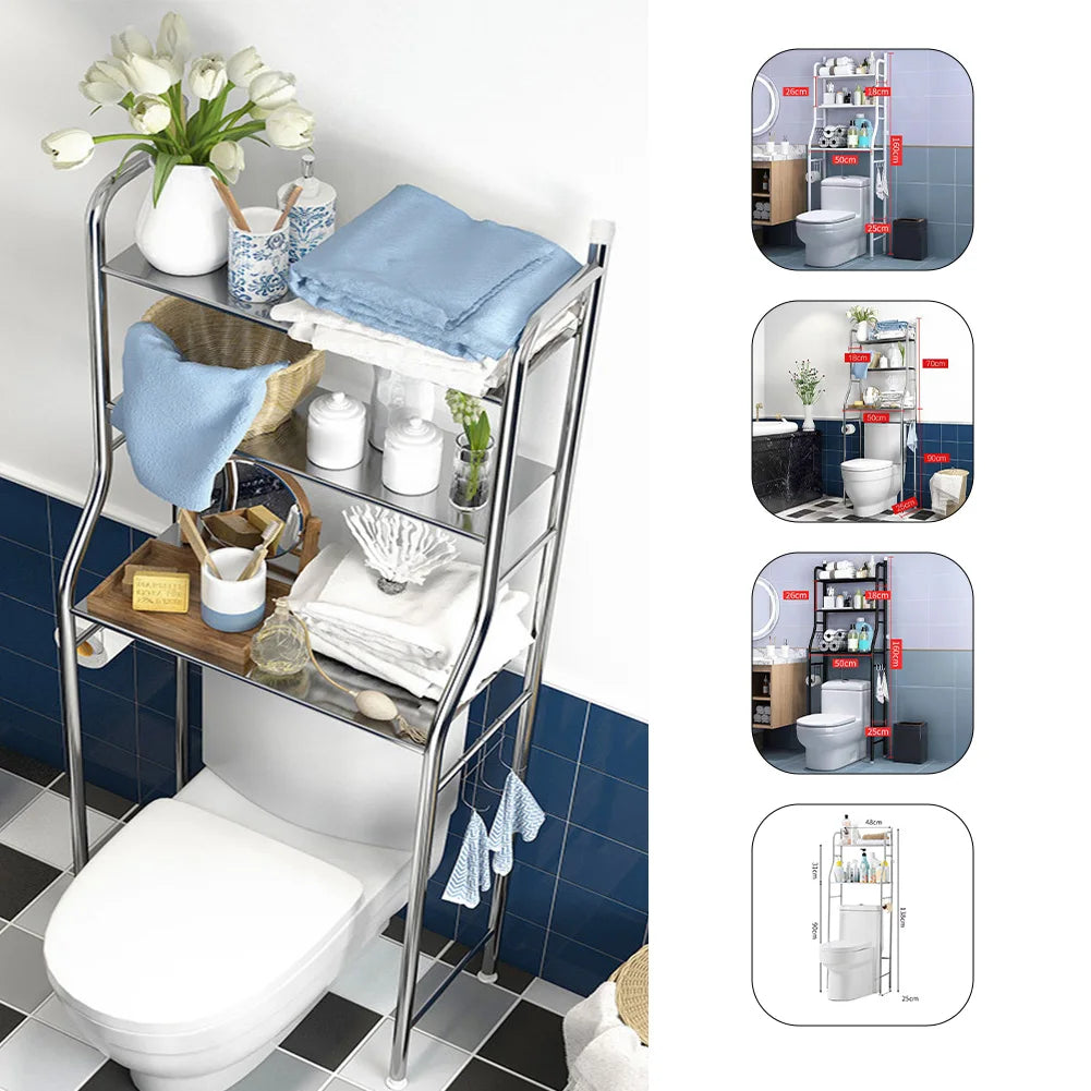 Metal Over-The-Toilet Storage Rack – Bathroom Organizer with Towel Hooks & Toilet Paper Holder