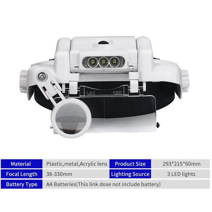 LED Headband Magnifier – Hands-Free Glasses with 1.5x–8x Lenses for Jewelry, Watch & Electronic Repair