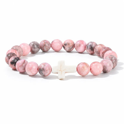 Natural Stone & Wood Bead Rosary Bracelet - Hematite Cross Meditation & Yoga Jewelry for Men & Women