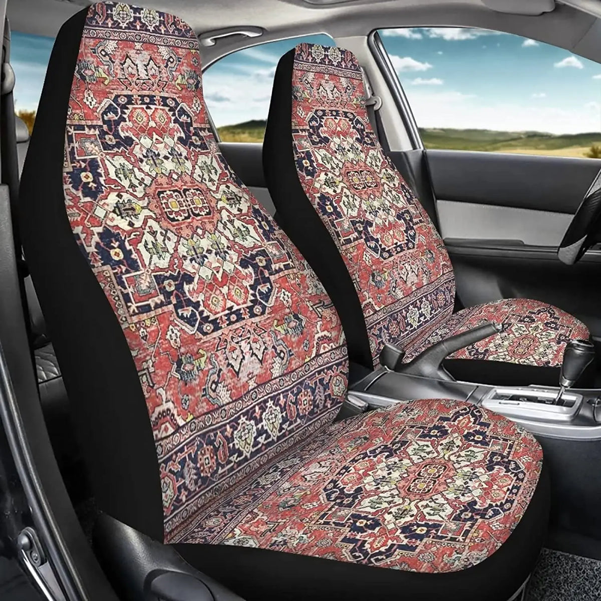 Ethnic Floral Front Car Seat Covers - 2PC Retro Persian Bucket Seat Protector Covers for Car Interiors