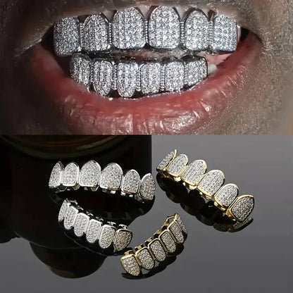 HipHop CZ Teeth Set – Unisex Gold & Silver Top/Bottom Mouth Caps, Removable Dental Fashion Jewelry