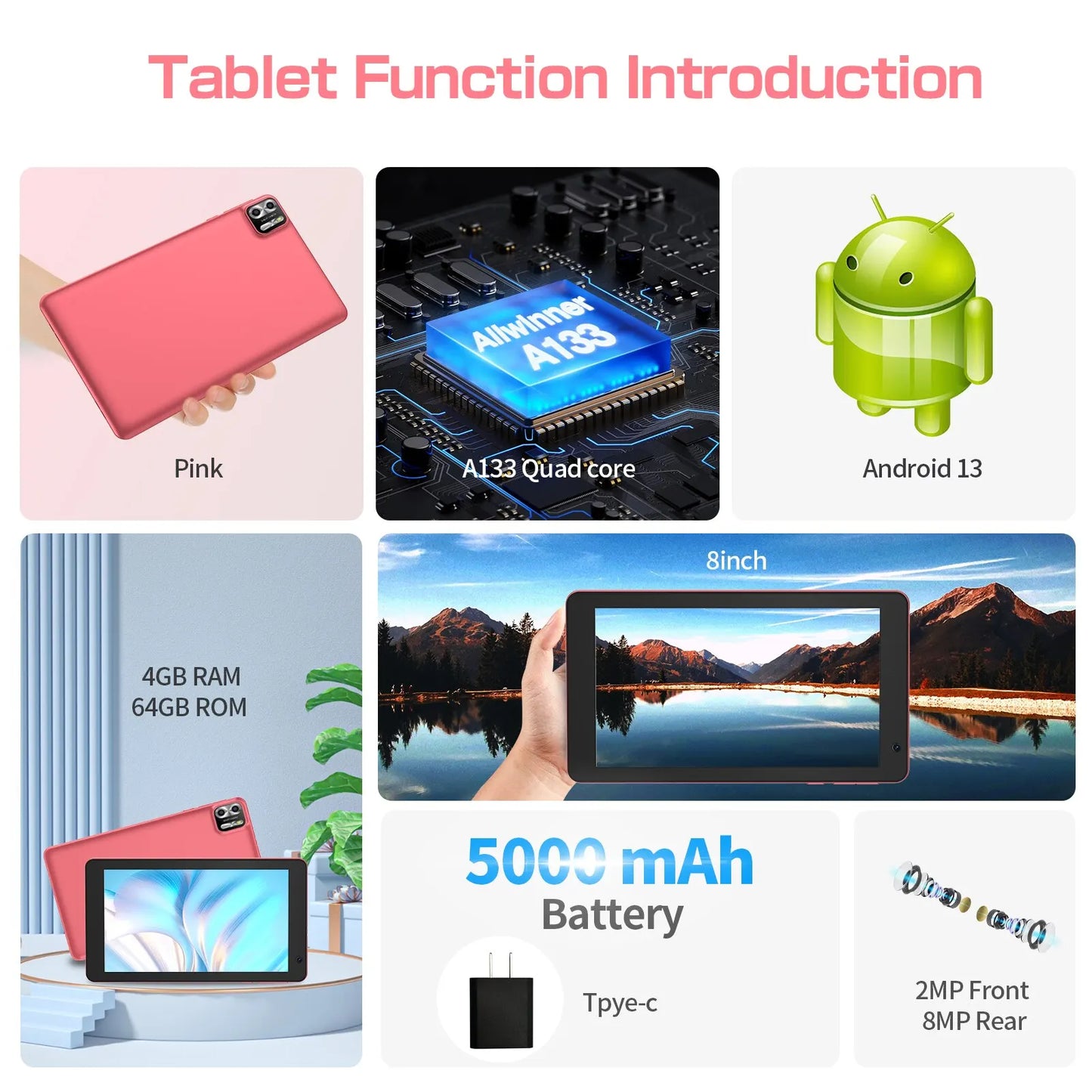 PRITOM 8 Inch Android Tablet | 8GB RAM, 64GB ROM | Expandable 1TB Storage | 1280x800 IPS Screen | 5000mAh Battery | Dual Camera | WiFi