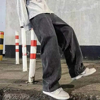 Men’s Loose Straight Leg Jeans - 2026 Streetwear Wide-Leg Fashion Pants in Black & Light Blue